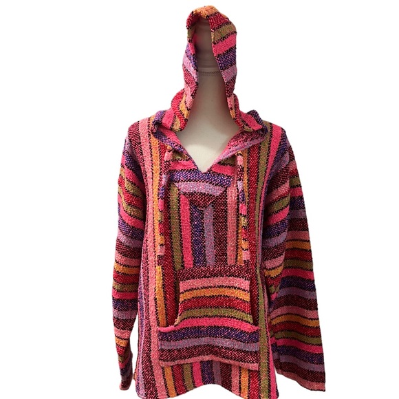 Artesanias Cuamatzi Mexican Poncho Hoodie  Multicolored Striped Kangaroo Pockets - Picture 6 of 8